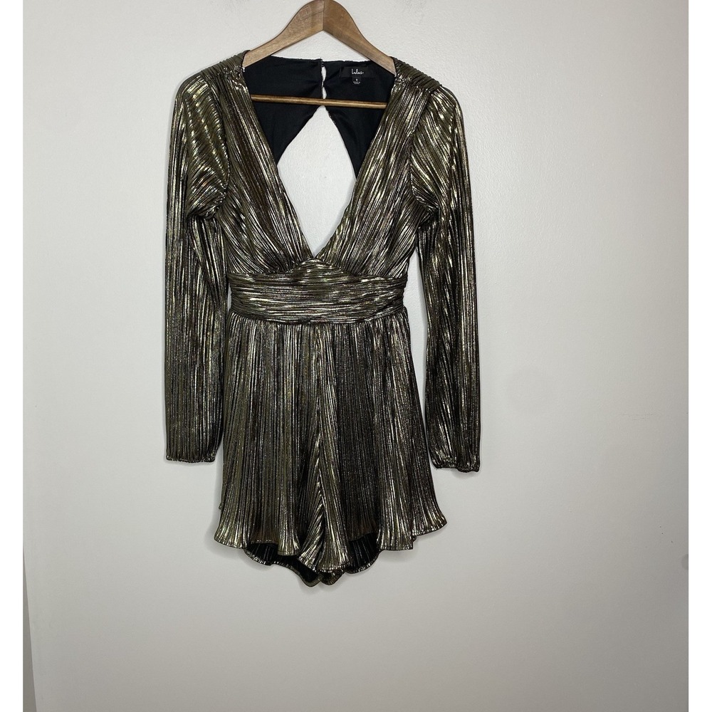 Lulu's Plisse and Thank You Romper Gold Pleated Long Sleeve‎ Backless Size S